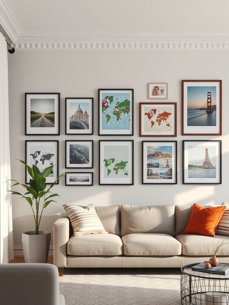 Gallery wall of travel souvenirs featuring framed maps and photos in a living room setting.