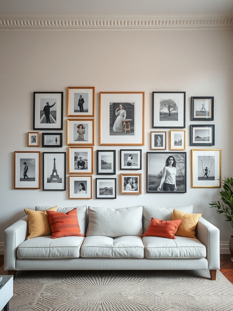 A cozy living room with a gallery wall of black-and-white framed photos above a light-colored sofa.