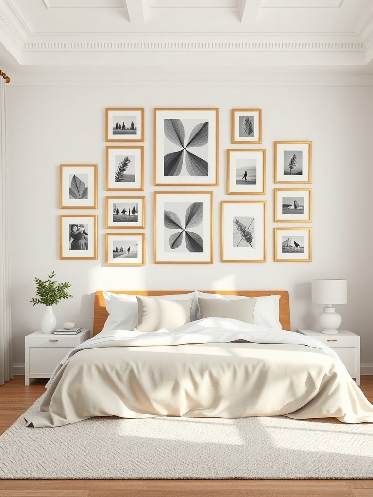 A cozy bedroom featuring a gallery wall with black and white framed art above a neatly made bed.