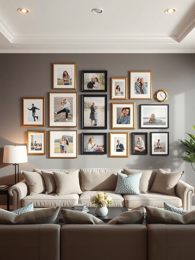 Gallery wall with family photos in various frames above a cozy couch