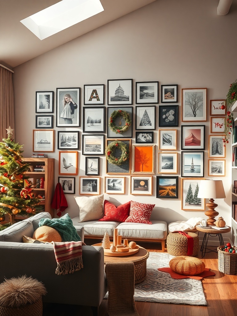 A cozy living room featuring a gallery wall filled with various framed artworks and personal touches.