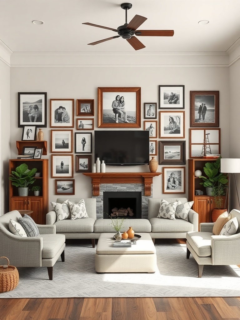 A cozy farmhouse living room featuring a gallery wall of family photos in various frames.