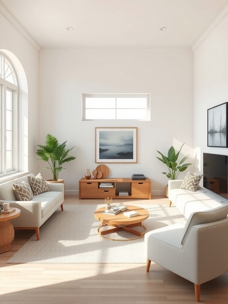 A bright and airy living room with gentle cream walls, light wood furniture, and greenery.