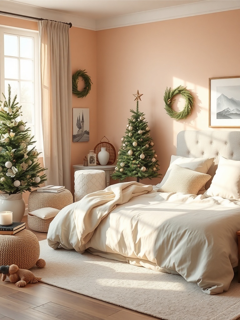 A cozy bedroom featuring gentle peach walls and light gray bedding, with Christmas trees and soft decor.