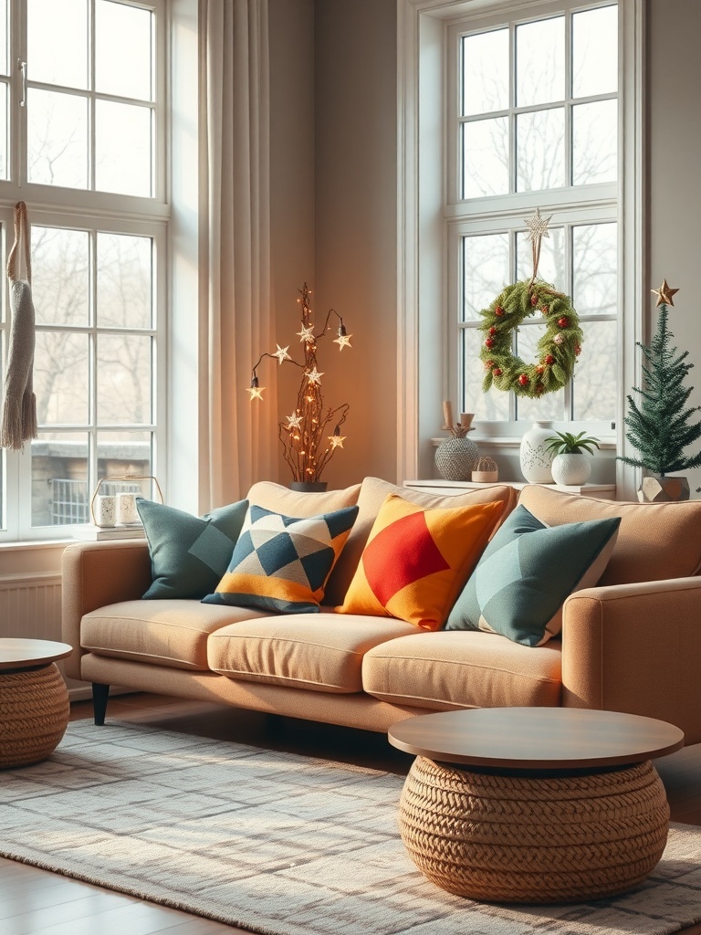 A cozy living room featuring a sofa adorned with colorful geometric accent pillows.