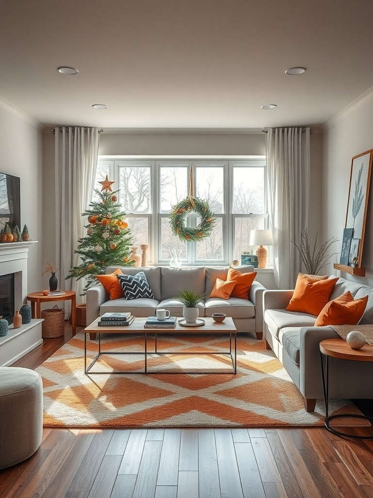 A cozy living room featuring a geometric accent rug with orange and cream colors.