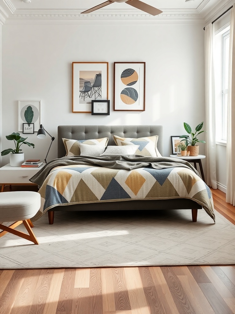 A modern bedroom featuring geometric patterned bedding in earthy tones, complemented by minimalist decor.