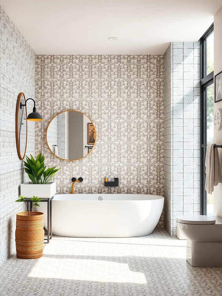 Modern bathroom featuring geometric patterned tiles, a freestanding bathtub, and stylish decor.