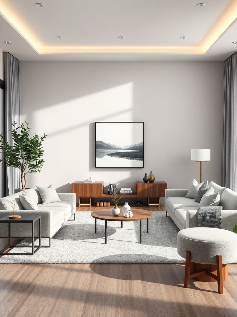 A minimalist living room featuring geometric shapes in furniture and decor.