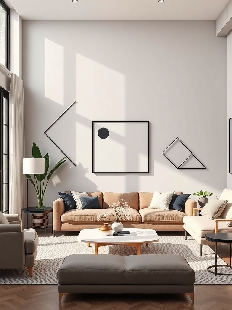 A modern living room with geometric wall decals on a light wall, featuring cozy furniture and natural light.