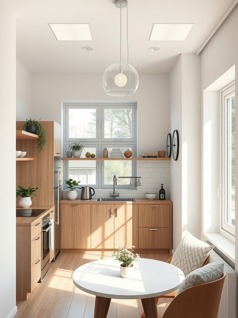 A bright kitchen featuring glass light fixtures and wooden cabinets.