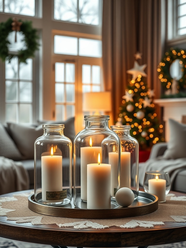 A cozy living room with glass jar candle holders featuring lit candles, surrounded by festive decorations.