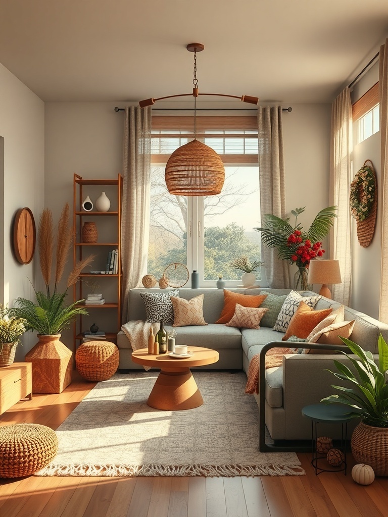 A cozy living room with a mix of global decor elements.