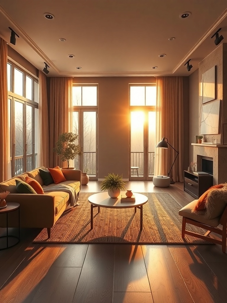 A cozy living room bathed in golden hour light, featuring a sofa with colorful cushions, a round coffee table, and large windows.