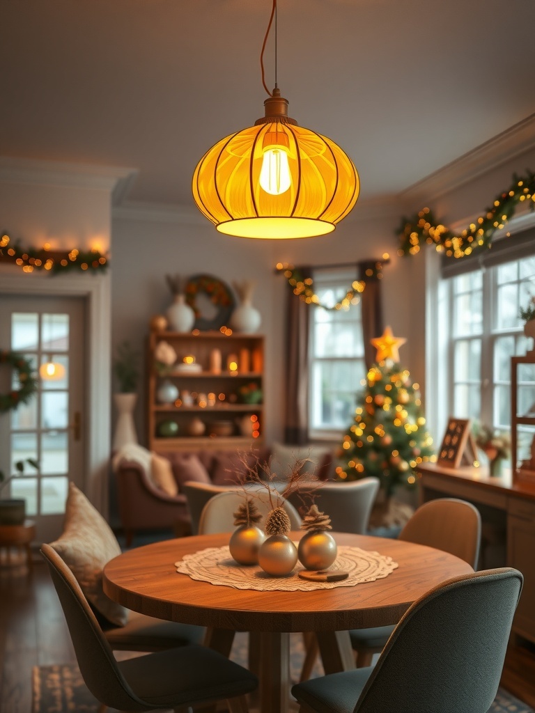 A cozy dining area with golden yellow lighting fixtures and earth tone decor.