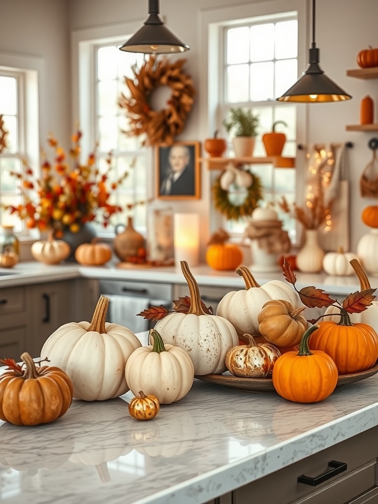 A cozy kitchen decorated with various pumpkins and gourds, showcasing fall colors and seasonal charm.