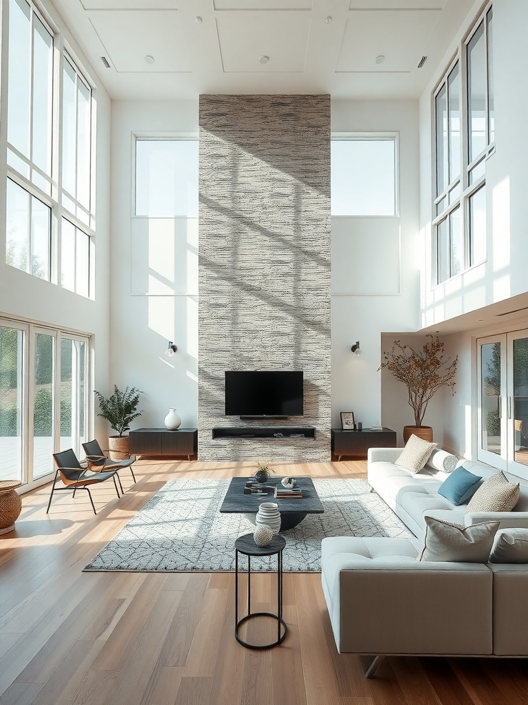 A spacious luxury living room with high ceilings, large windows, and modern furniture.