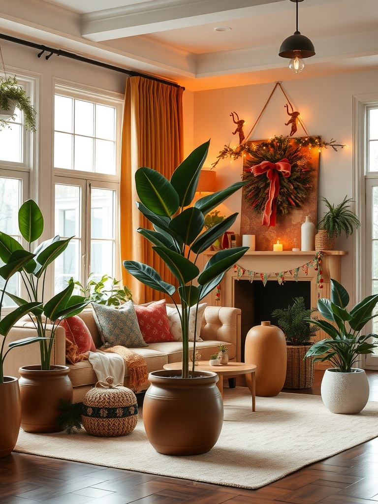 A cozy living room with large potted plants, a beige couch, and warm lighting.