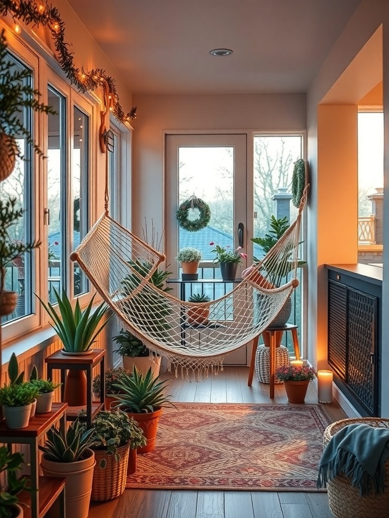 A cozy balcony with a hammock, plants, and warm lighting.