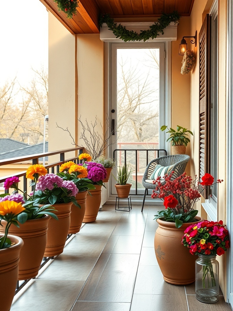 A collection of hand-painted terracotta pots filled with colorful flowers on a balcony.