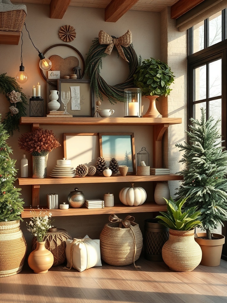 A cozy shelf displaying various handcrafted decor items including woven baskets, candles, and plants.
