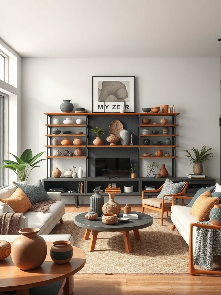 A cozy living room featuring handcrafted pottery displays on shelves and tables.