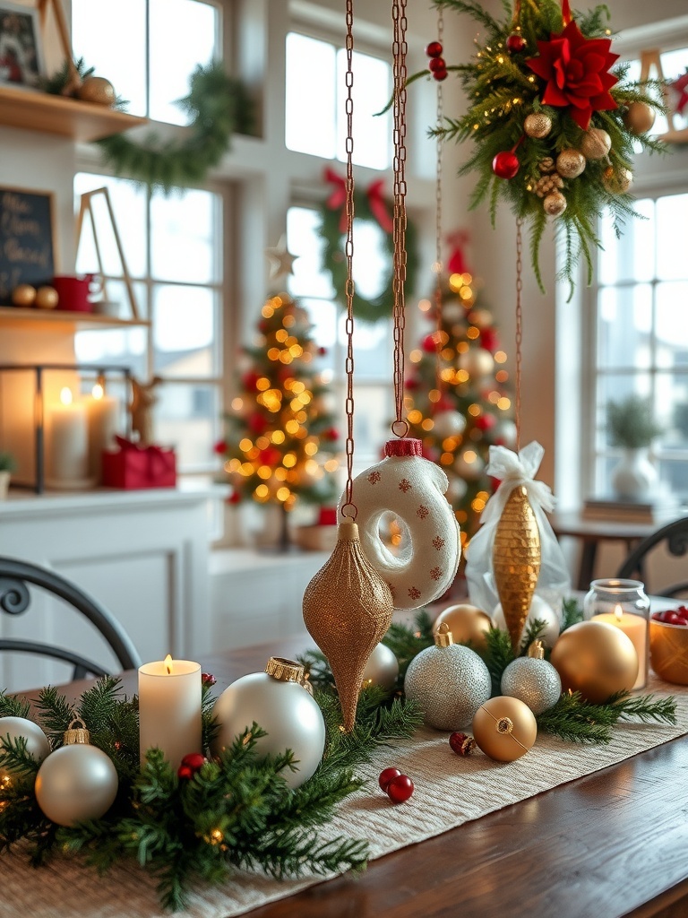 A beautifully decorated holiday table featuring handmade ornaments, candles, and greenery.
