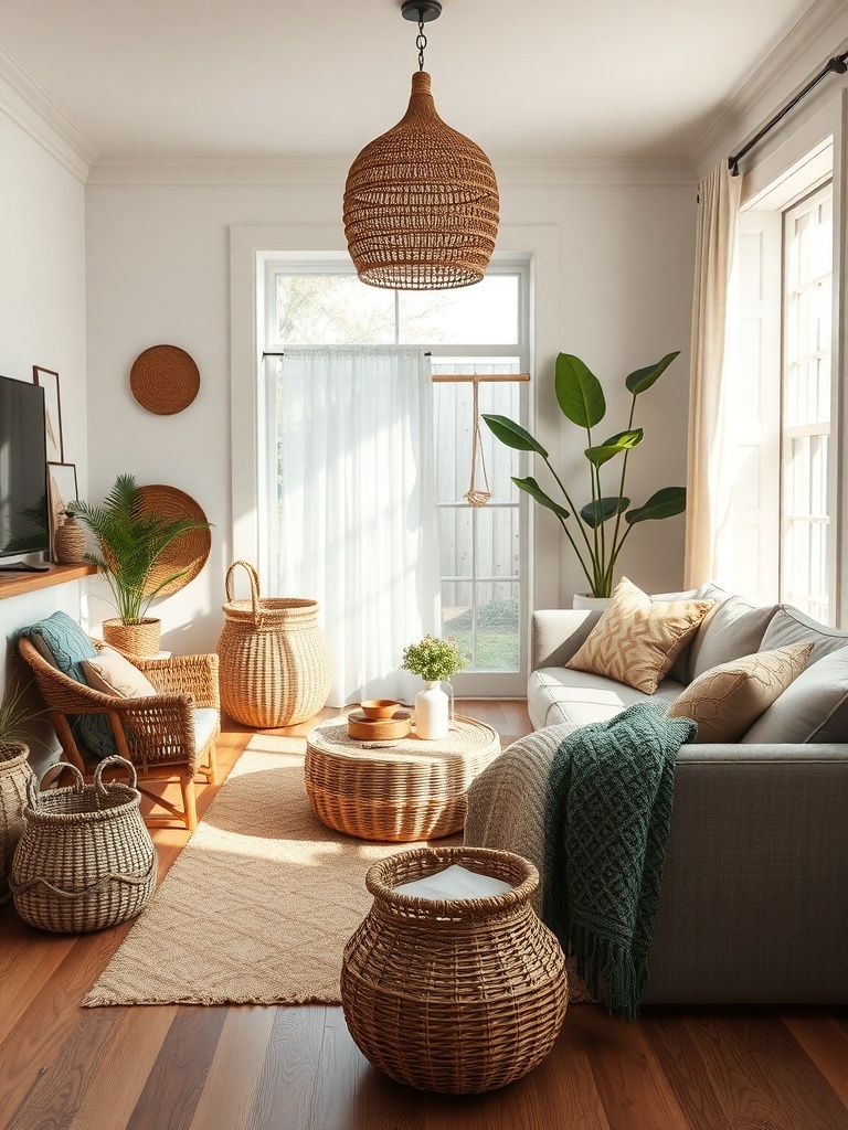 A cozy living room featuring handwoven baskets for storage, with a comfortable sofa and natural decor.