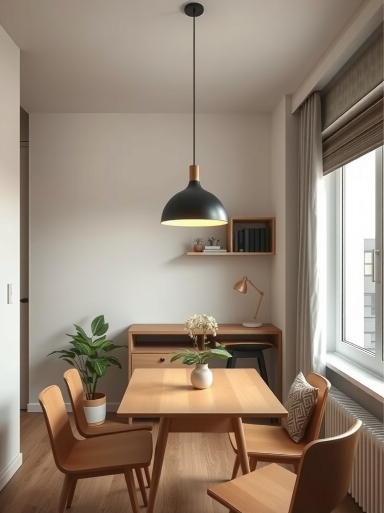 A cozy dining area featuring a hanging pendant light above a wooden table with chairs.