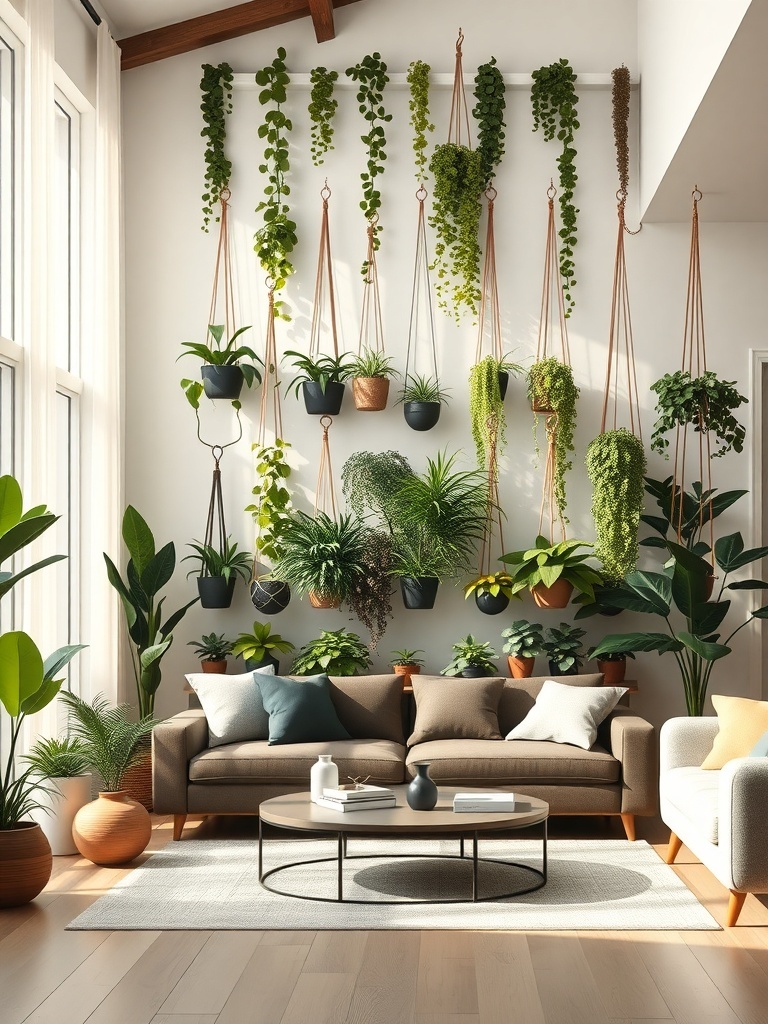 A living room with a wall of hanging plants in various pots, showcasing a vibrant green display.