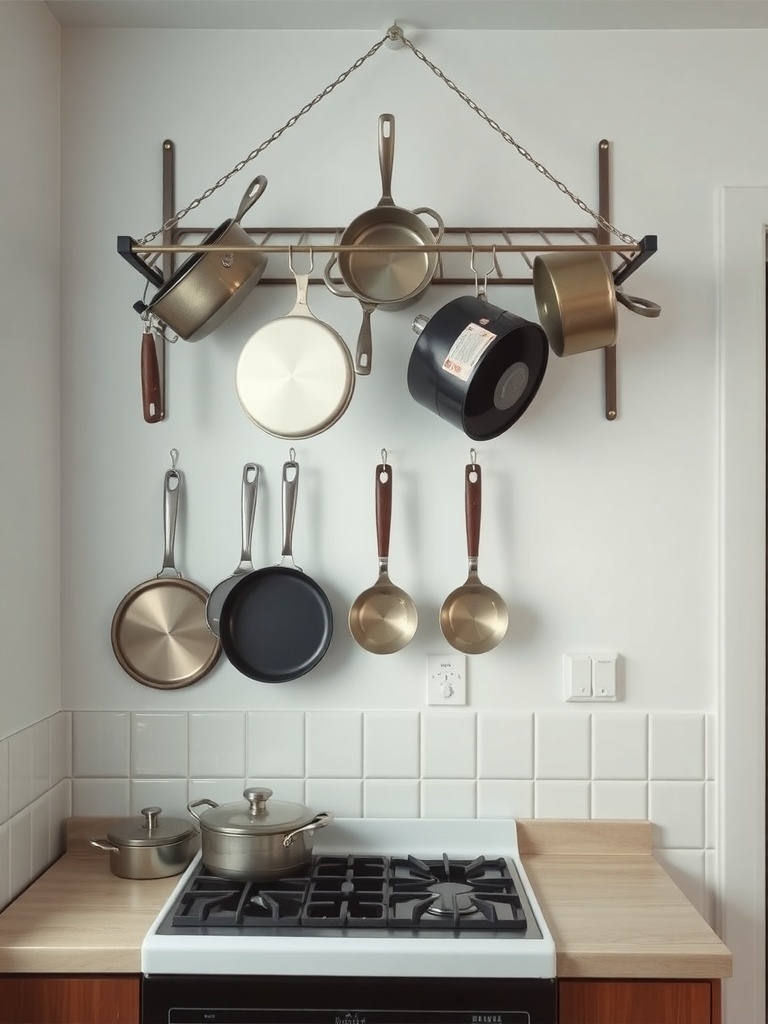 A hanging pot rack displaying various pots and pans in a modern kitchen.