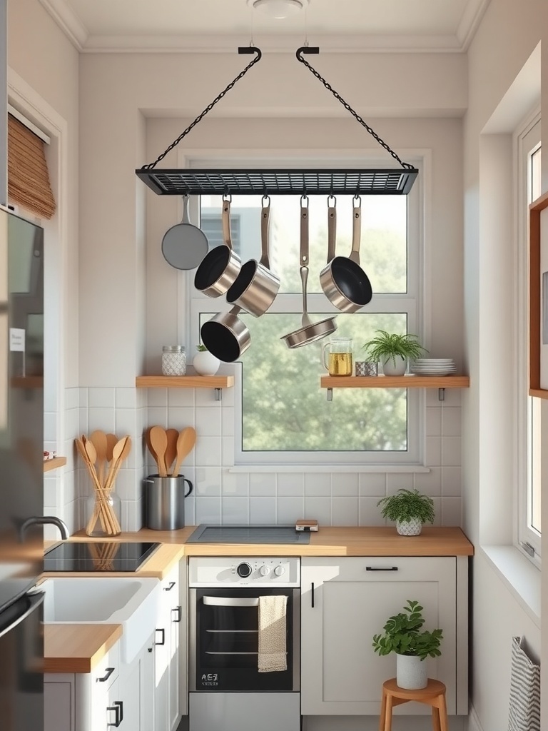 A kitchen with a hanging pot rack displaying various pots and pans.