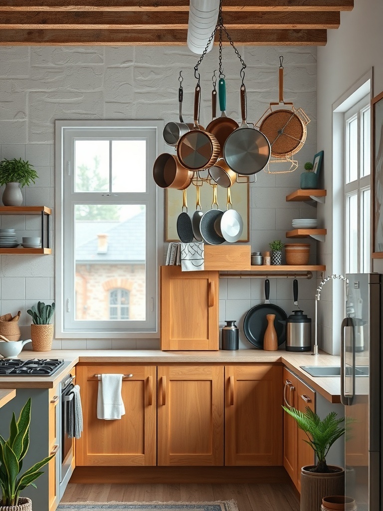 A kitchen with a hanging pot rack displaying various pots and pans.
