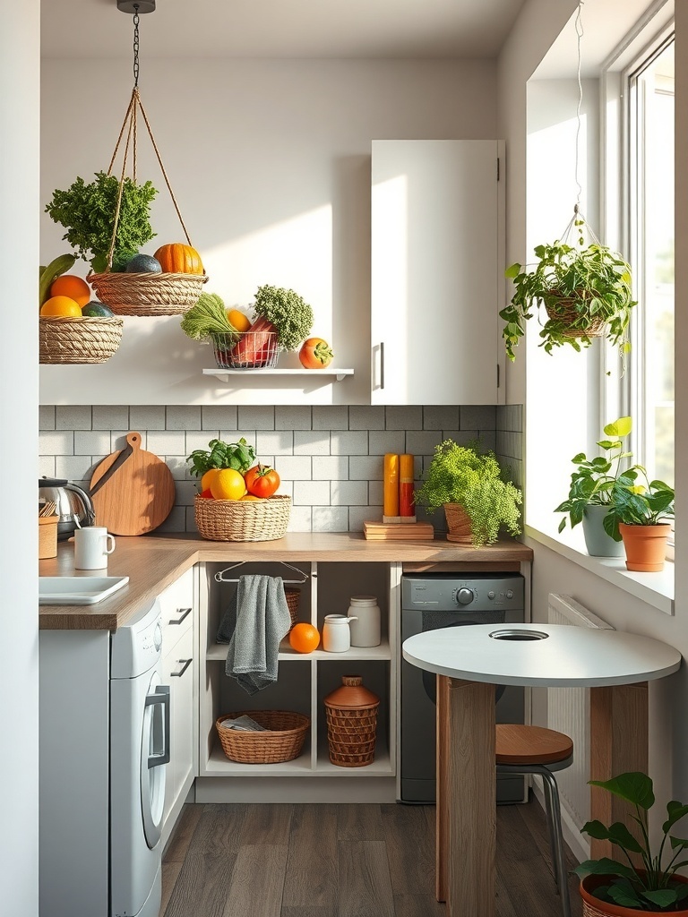 A cozy kitchen featuring hanging storage baskets filled with fruits and vegetables.