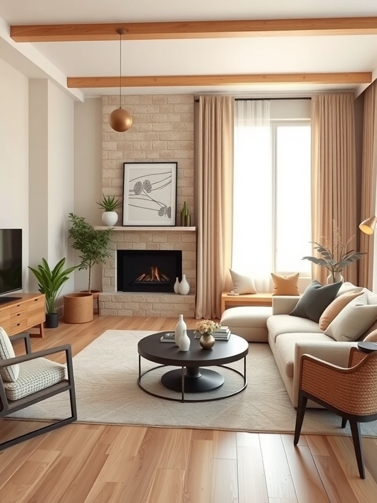 A cozy living room featuring earthy tones, a fireplace, plants, and natural light.