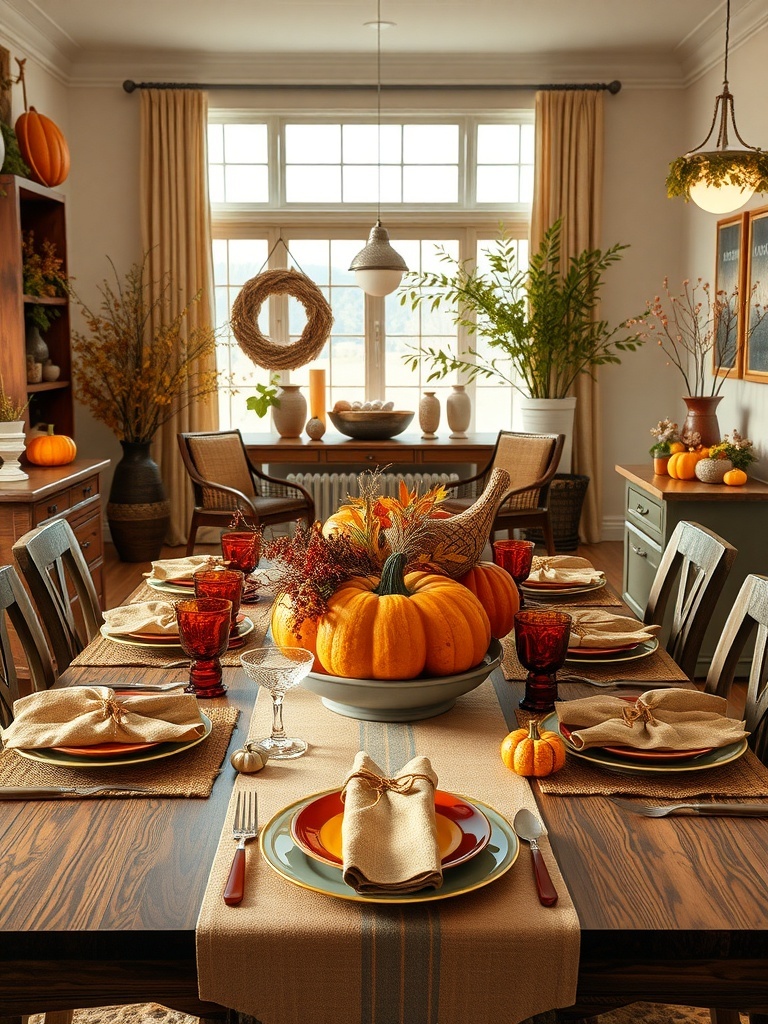 A cozy harvest-themed table setting featuring pumpkins, warm colors, and rustic decor.