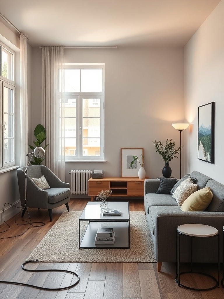 A cozy living room with hidden cables and a clean aesthetic.