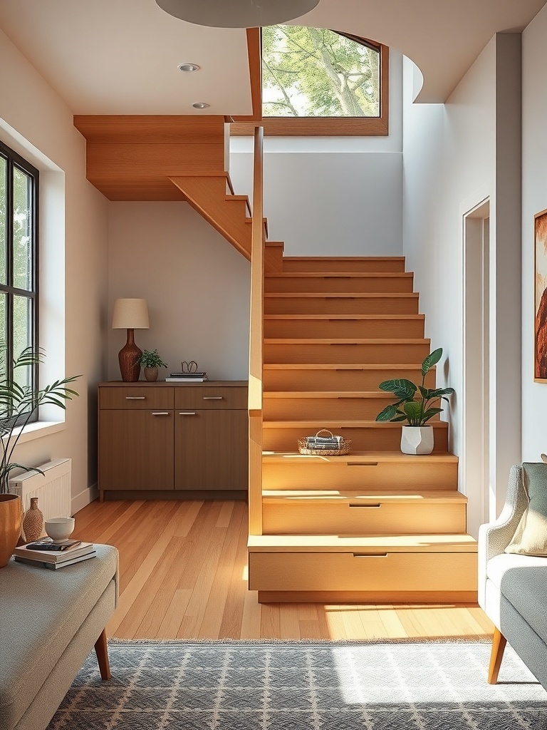 A modern staircase with hidden drawers integrated into the steps, showcasing a clean and organized design.