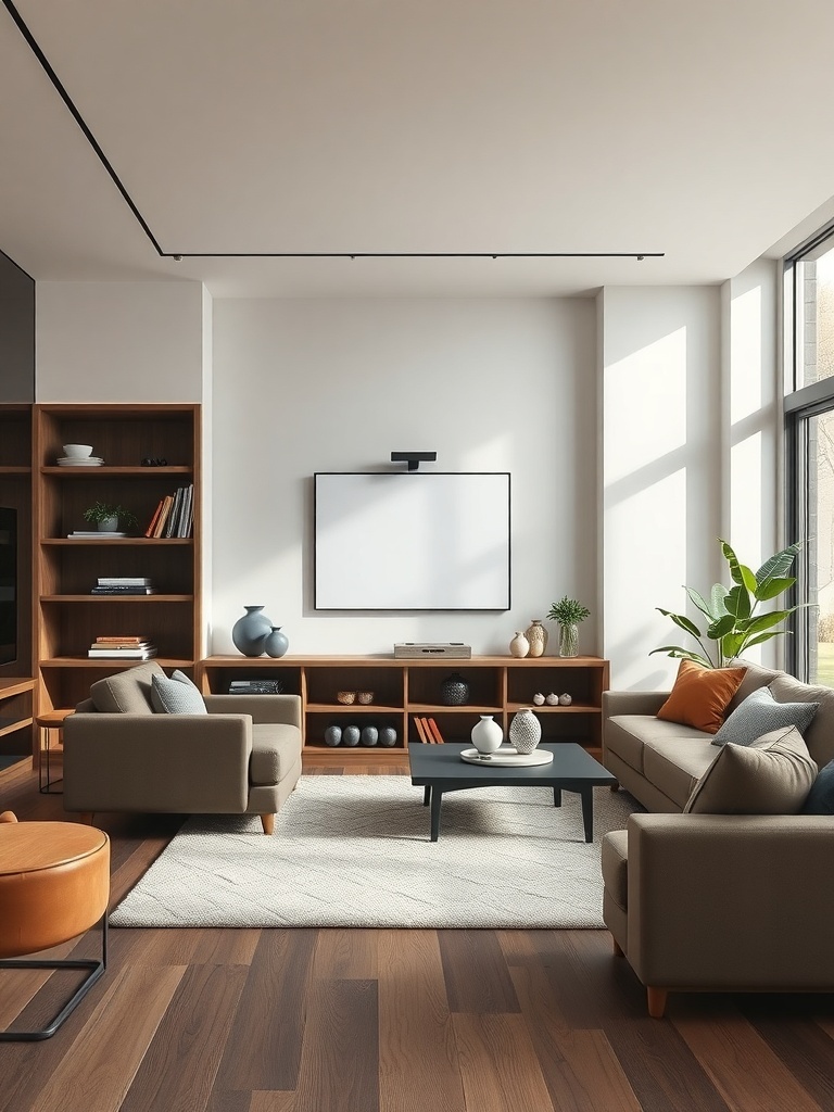 A minimalist living room featuring hidden storage solutions with a sleek design.