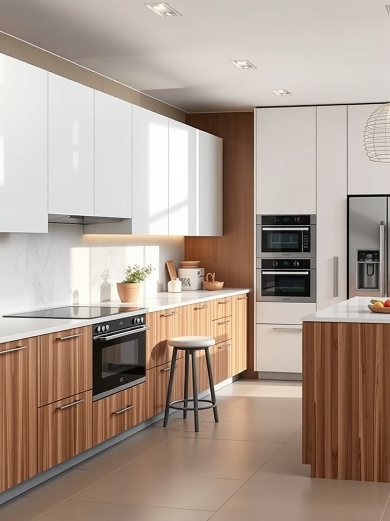 Modern kitchen with high-end appliances, featuring wood and white cabinetry, built-in oven, microwave, and sleek cooktop.