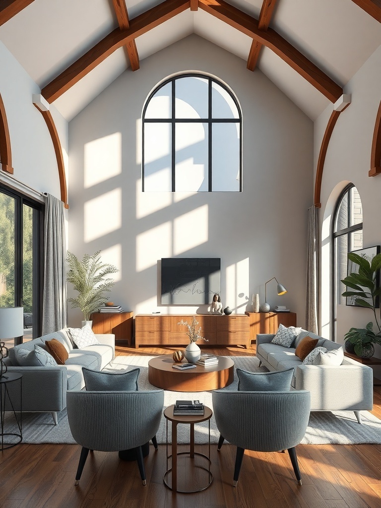 A bright living room with high ceilings and wooden beams, showcasing natural light and stylish furniture.