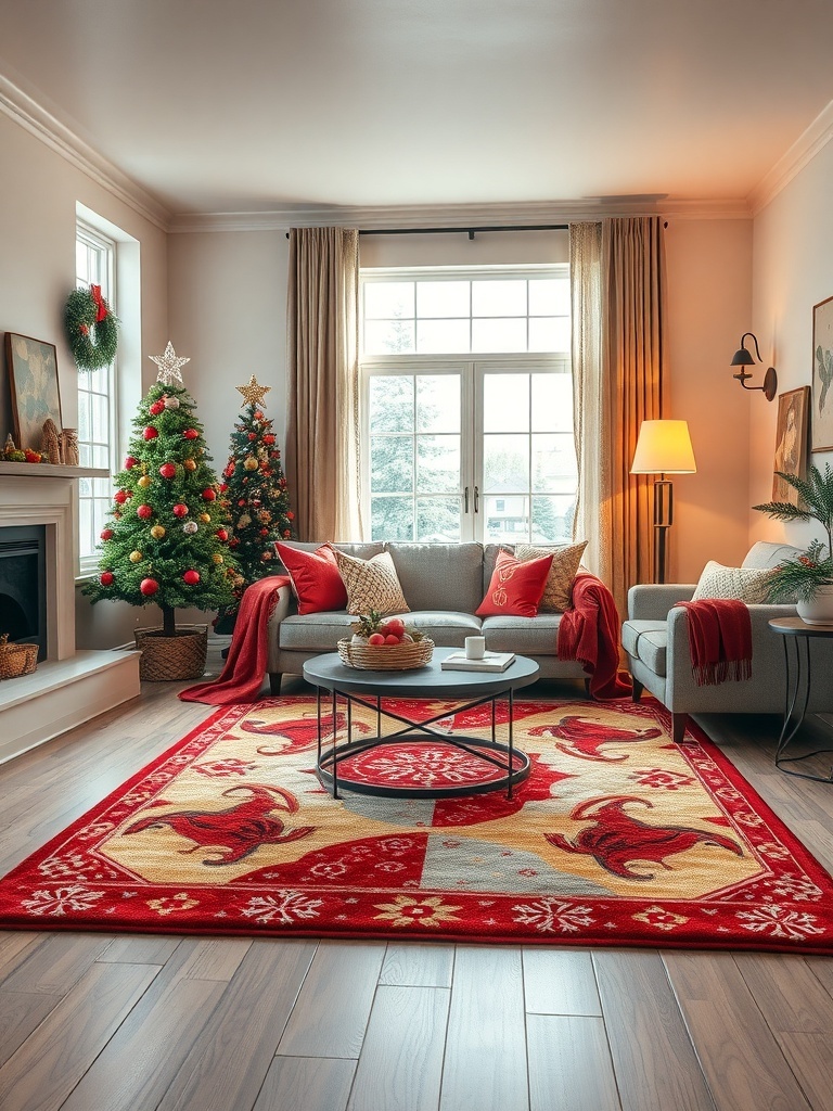A cozy living room decorated for Christmas with a festive area rug, a Christmas tree, and holiday decor.
