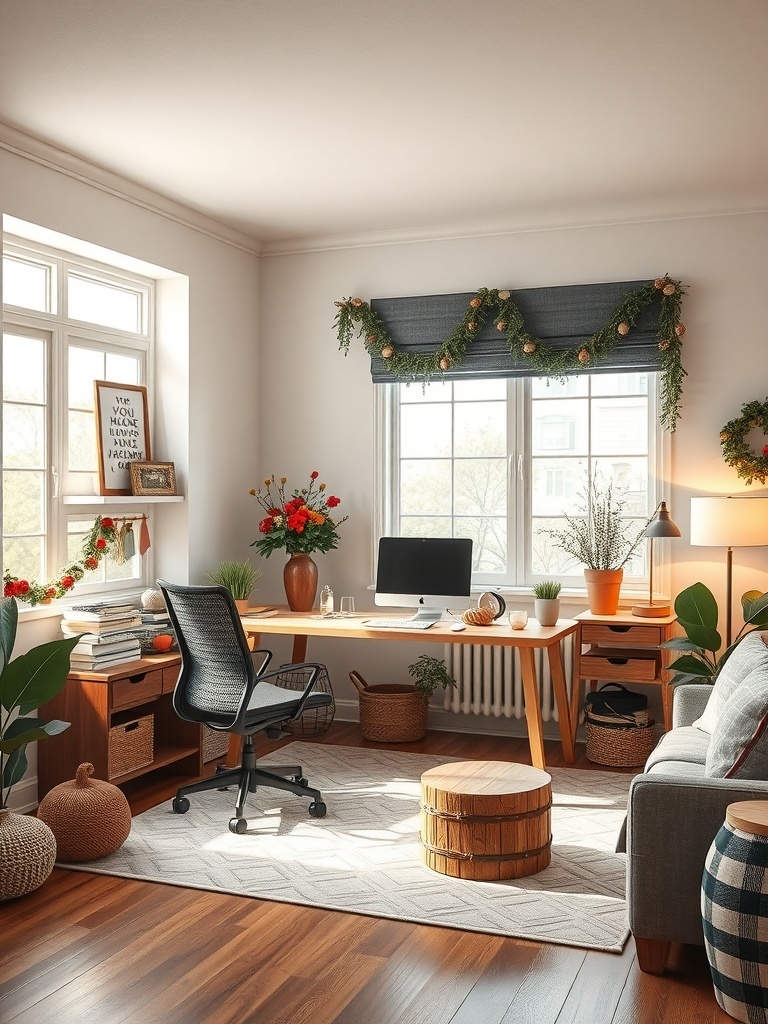 A stylish home office featuring a wooden desk, ergonomic chair, plants, and decorative elements.