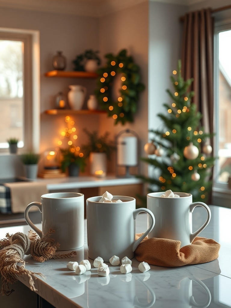 A cozy hot beverage station with white mugs filled with marshmallows, a warm throw, and holiday decorations.