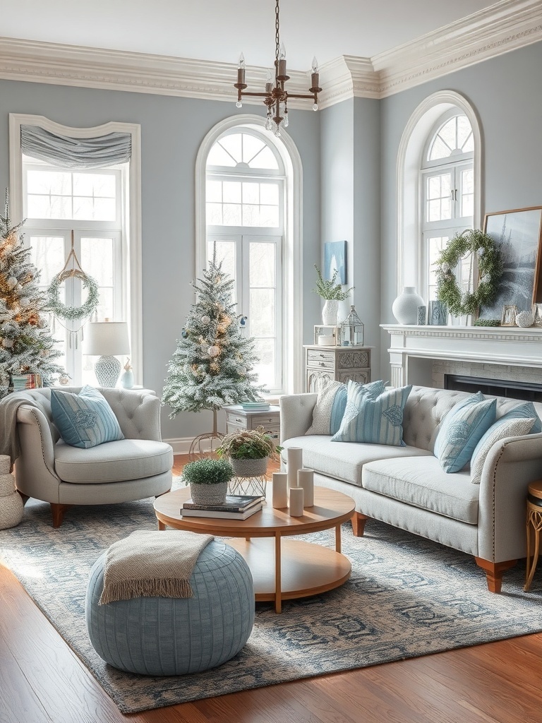 Living room featuring icy blue walls, silver accents, and cozy furnishings.