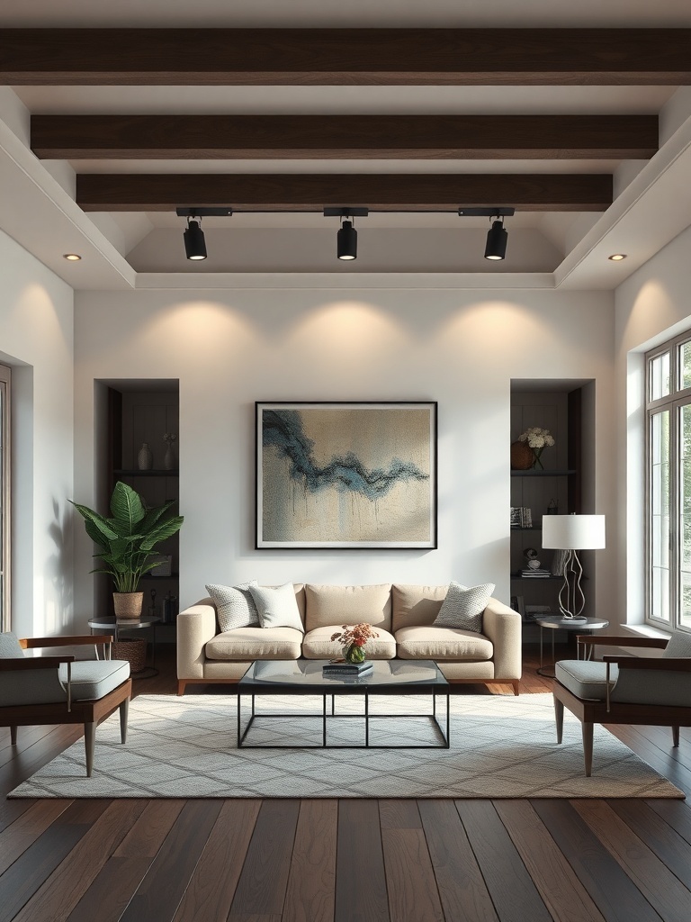 A cozy living room featuring a beige sofa, wooden beams, and illuminated artwork on the wall.