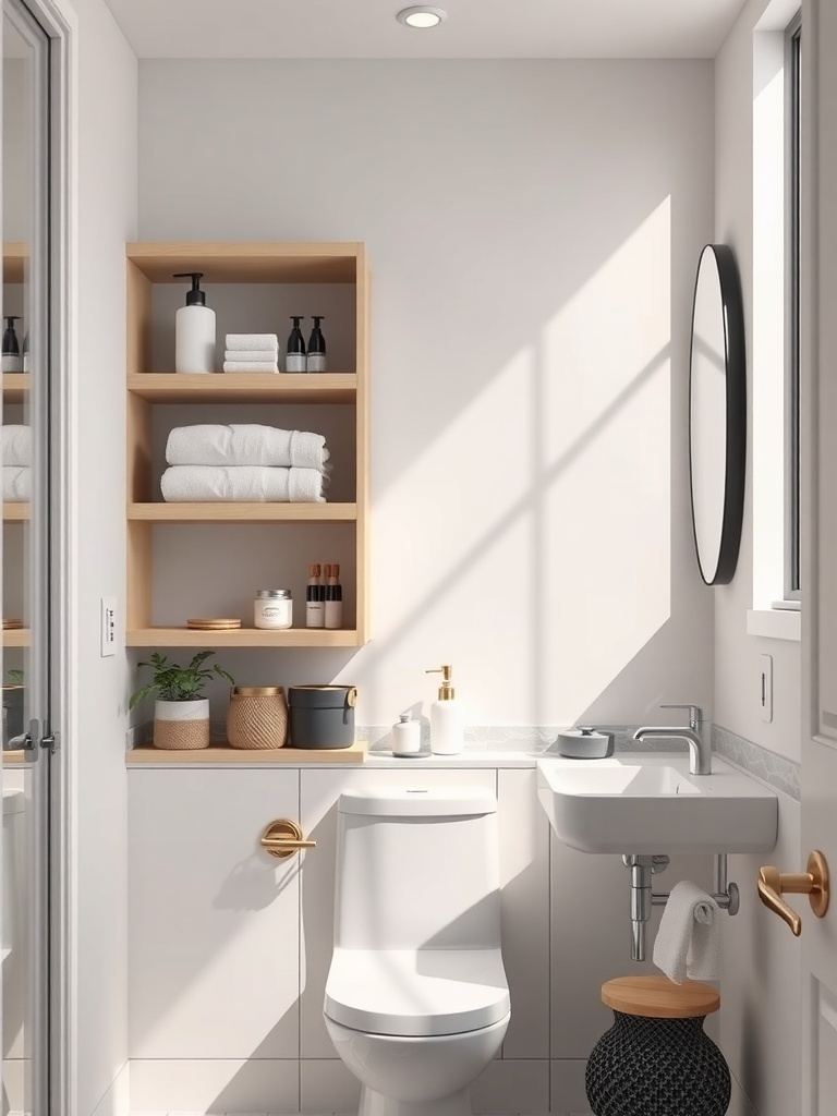 A small bathroom featuring open shelving with neatly arranged towels and toiletries.