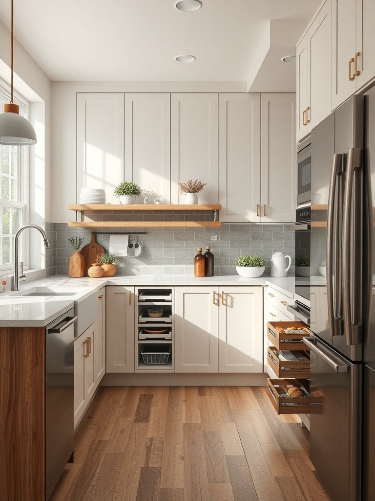 A modern kitchen with white cabinets, open shelves, and smart storage solutions.