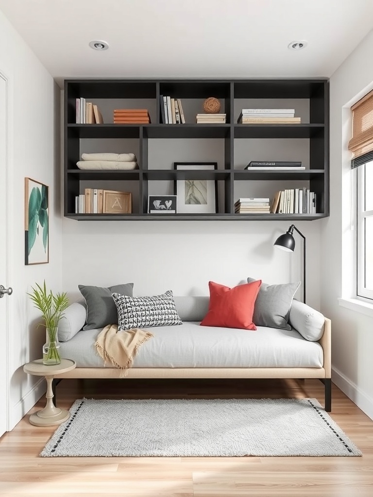 A small bedroom featuring a daybed with colorful pillows, a shelving unit above, and a lamp beside it.