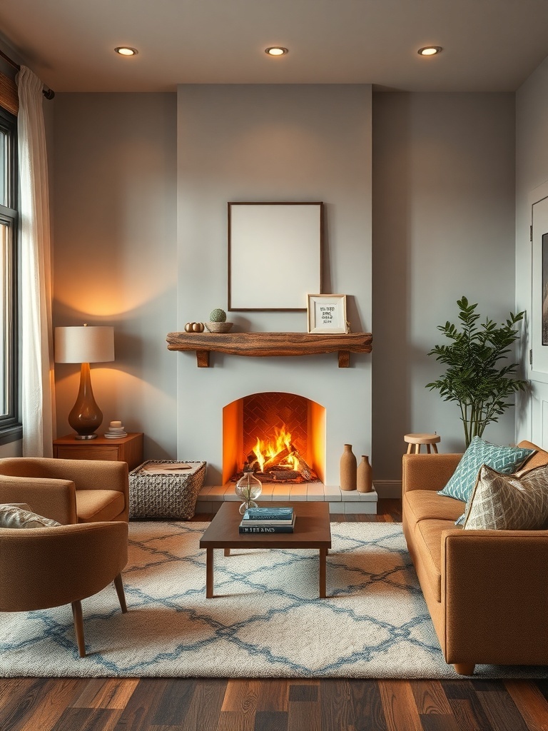 Cozy living room featuring a modern fireplace with warm lighting and comfortable seating.